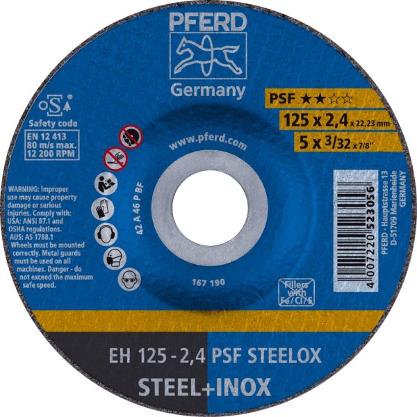 PFERD Trennscheibe EH 125x2,4x22,23 mm gekröpft Universallinie PSF STEELOX für Stahl/Edelstahl, 10 Stück