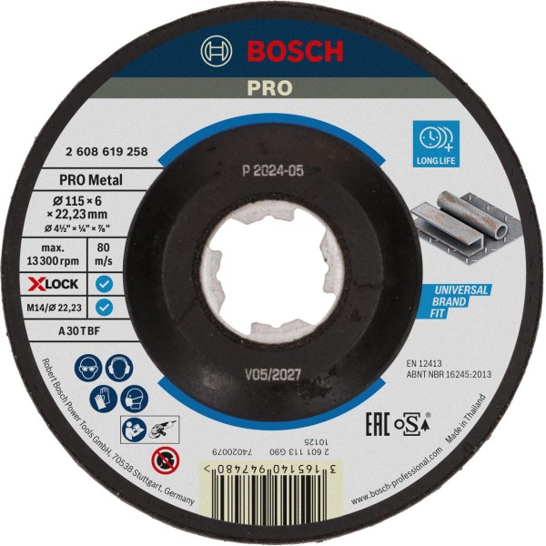 Bosch Schruppscheibe X-LOCK, gekröpft Expert for Metal A 30 T BF, 115 x 22,23 x 6 mm