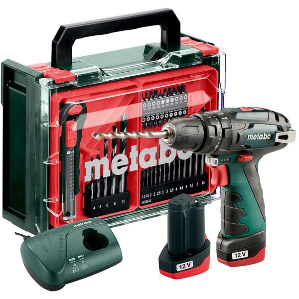 Metabo Akku-Schlagbohrschrauber PowerMaxx SB Basic Set mit 41-teiliger Mobiler Werkstatt - Kunststoffkoffer - 12V 2x2Ah Li-Power + LC 40