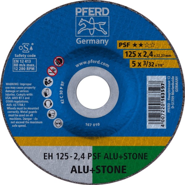 PFERD Trennscheibe EH 125x2,4x22,23 mm gekröpft Universallinie PSF ALU+STONE für Alu/NE-Met./Stein, 10 Stück