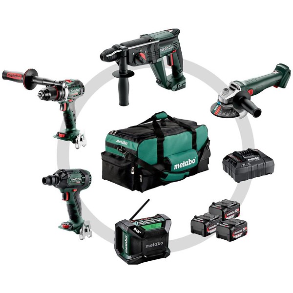 Metabo Akku Combo Set Bauhandwerk 5.2 BS 18 LTX BL + KH 18 LTX 24 + W 18 L 9-125 Quick + SSW 18 LTX 300 BL + R 12-18 DAB BT - Werkzeugtasche