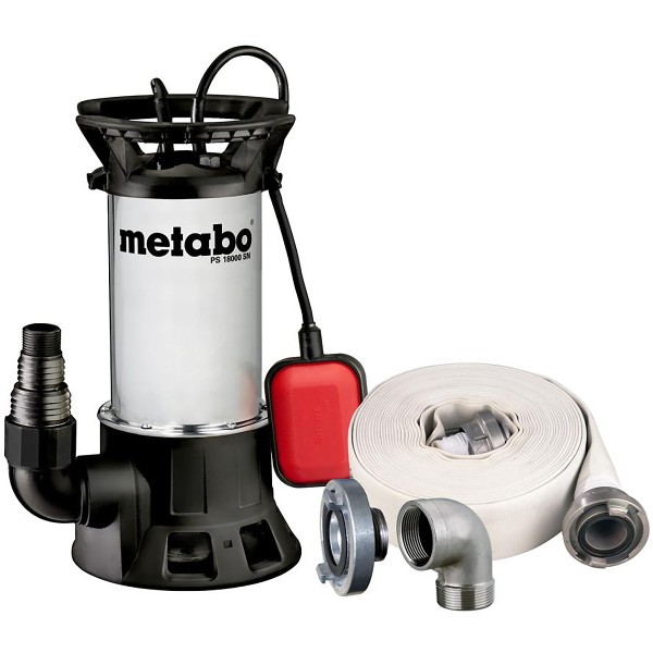 Metabo Set Schmutzwasser-Tauchpumpe PS 18000 SN mit Ablauf-Garnitur mit Armaturen (15 m x 2"), Storzkupplung (2" x 1 1/2") und Winkelanschluss Edelstahl (1 Â½")" - Karton