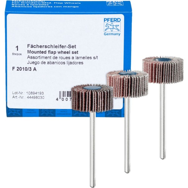 PFERD Fächerschleifer-Set Korund 20x10mm Schaft 3mm A 80,120 und 180 für Feinschliff