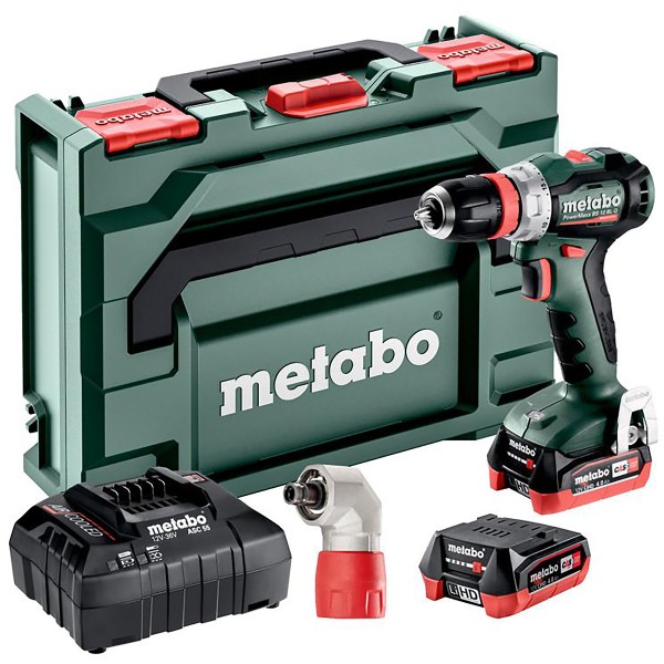 Metabo Akku-Bohrschrauber PowerMaxx BS 12 BL Q Pro mit Schnellwechselwinkeladapter Quick - metaBOX 118 - 12V 2x4Ah LiHD + ASC 55