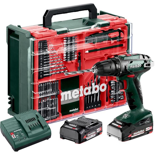 Metabo Akku-Bohrschrauber BS 18 Set mit 74-teiliger Mobiler Werkstatt - Kunststoffkoffer - 18V 2x2Ah Li-Power + SC 30