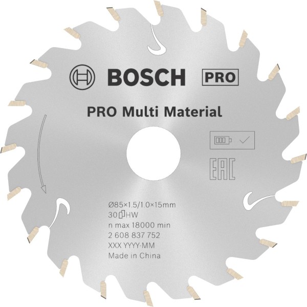 Bosch Akku-Kreissägeblatt Standard for Multimaterial, 85mm AD x 1,5/1 x 15, 30 Zähne