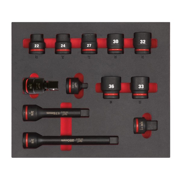 Milwaukee 3/4" SHOCKWAVE Schlagnüsse Einlage für Werkstattwagen 78 cm, 12-teiliges Set