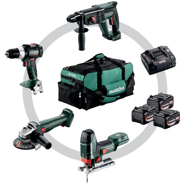 Metabo Akku Combo Set Bauhandwerk 4.3 SB 18 LT BL + W 18 L 9-125 Quick + KH 18 LTX 24 + STA 18 LTX 100 - Werkzeugtasche