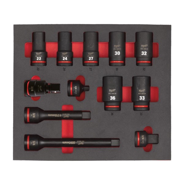 Milwaukee 3/4" SHOCKWAVE Schlagnüsse lang Einlage für Werkstattwagen 78 cm, 12-teiliges Set