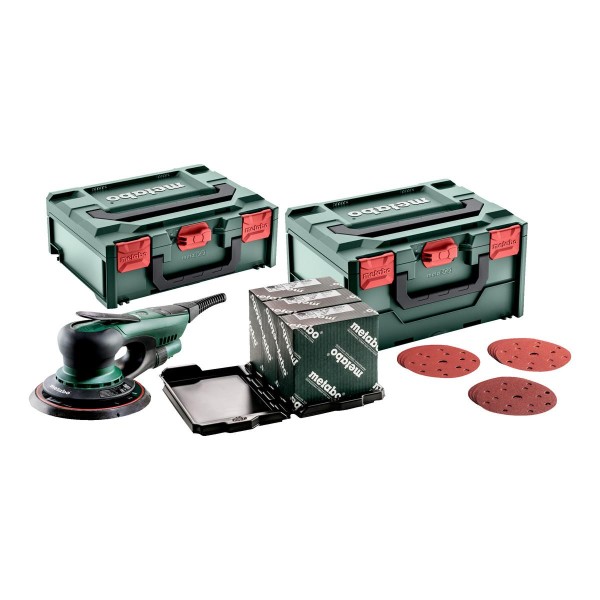 Metabo Exzenterschleifer SXE 150-2.5 BL Set mit metaBOX Schleifmittel-Set "multi-hole", 150 mm, für Holz und Metall - metaBOX 215