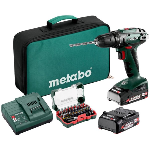 Metabo Akku-Bohrschrauber BS 18 Set mit Bit-Box SP (32-teilig) - Werkzeugtasche - 18V 2x2Ah Li-Power + SC 30