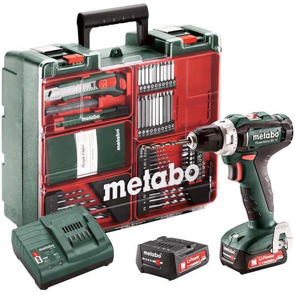 Metabo Akku-Bohrschrauber PowerMaxx BS 12 Set Mobile Werkstatt - Kunststoffkoffer - 12V 2x2Ah Li-Power + SC 30