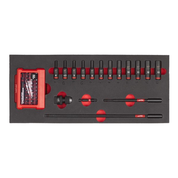 Milwaukee 1/4" SHOCKWAVE Schlagnüsse lang Einlage für Werkstattwagen 78 cm, 17-teiliges Set