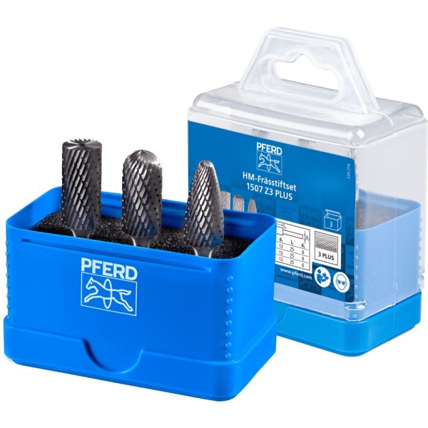 PFERD Hartmetall Frässtift Set 1507 Zahnung 3 PLUS 3-tlg. 12mm universal mittel kreuzverzahnt