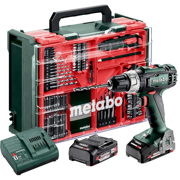 Metabo Akku-Bohrschrauber BS 18 L Set mit 74-teiliger Mobiler Werkstatt - Kunststoffkoffer - 18V 2x2Ah Li-Power + SC 30