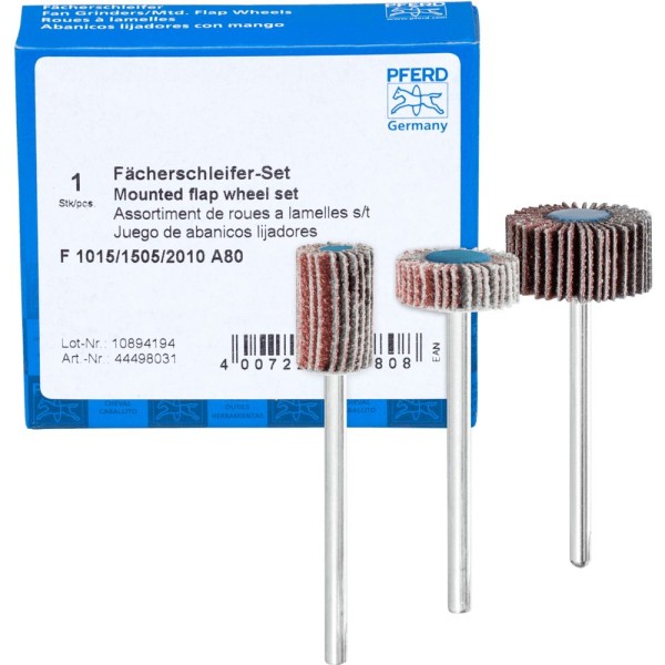 PFERD Fächerschleifer-Set Korund A 80 10x15mm, 15x5mm und 20x10mm Schaft 3mm für Feinschliff