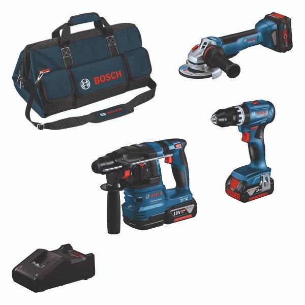 Bosch 18V Profi-Set GSB 18V-45 + GWS 18V-10 + GBH 18V-22 + 2x 5.0Ah + 1x 5.5Ah (PC) + GAL 18-40 + Tasche