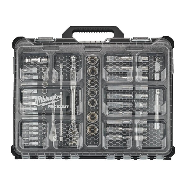 Milwaukee PACKOUT Organiser Compact Ratschen- und Steckschlüsseleinsatz 1/4" und 1/2" metrisch und imperial, 63-teiliges Set