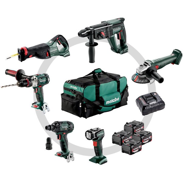 Metabo Akku Combo Set Bauhandwerk 6.1 SB 18 LTX Impuls + KH 18 LTX 24 + W 18 L 9-125 Quick + SSEP 18 LT + SSW 18 LTX 300 BL + ULA 14.4-18 LED - Werkzeugtasche