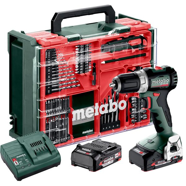 Metabo Akku-Bohrschrauber BS 18 L BL Set mit 74-teiliger Mobiler Werkstatt - Kunststoffkoffer - 18V 2x2Ah Li-Power + SC 30