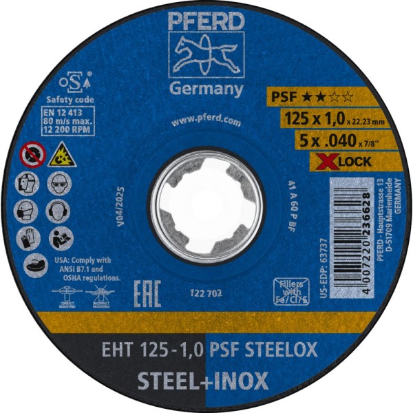 PFERD Trennscheibe EHT 125x1,0mm X-LOCK gerade Universallinie PSF STEELOX für Stahl/Edelstahl, 10 Stück