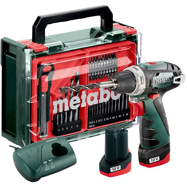 Metabo Akku-Bohrschrauber PowerMaxx BS Basic Set mit 41-teiliger Mobiler Werkstatt - Kunststoffkoffer - 12V 2x2Ah Li-Power + LC 40