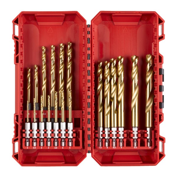 Milwaukee SHOCKWAVE Metallbohrer HSS-G RED HEX Titan 1/4" PACKOUT kompatibler Kassette, 19-teiliges Set