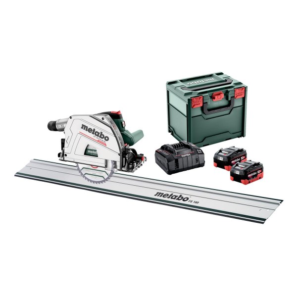 Metabo Akku-Tauchkreissäge KT 18 LTX 66 BL Set mit Führungsschiene FS 160 - metaBOX 340 - 18V 2x8Ah LiHD + ASC 145